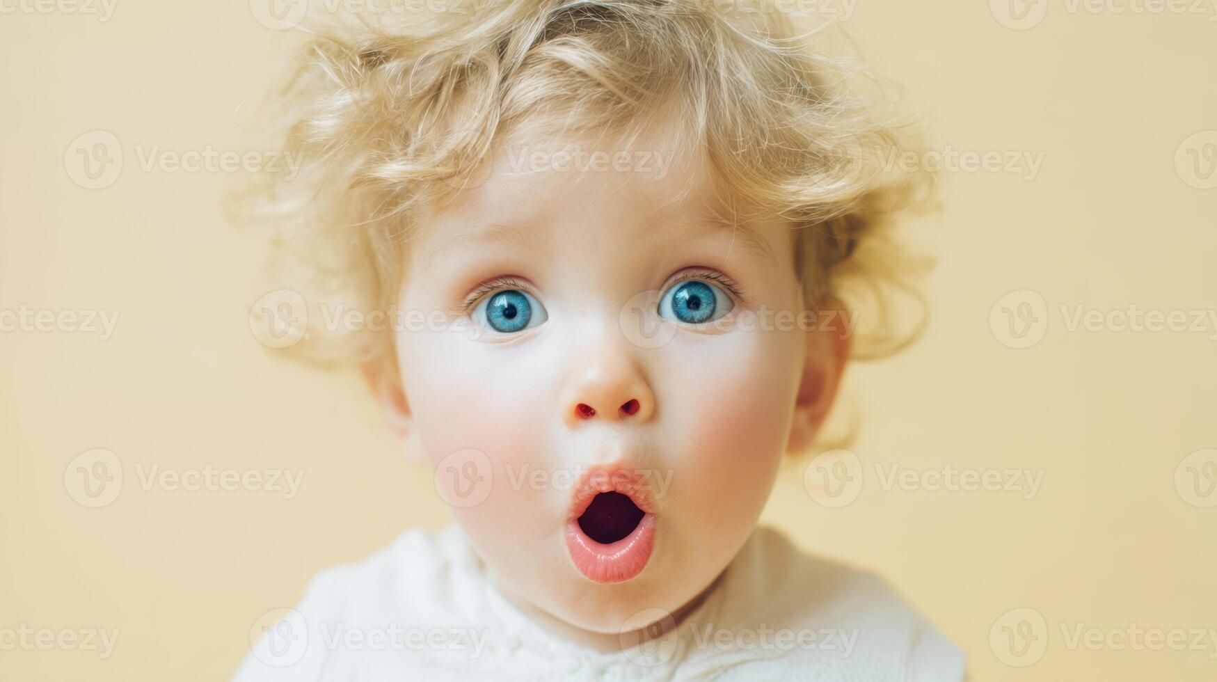 The adorable baby with curly hair expressing amazement and surprise. photo
