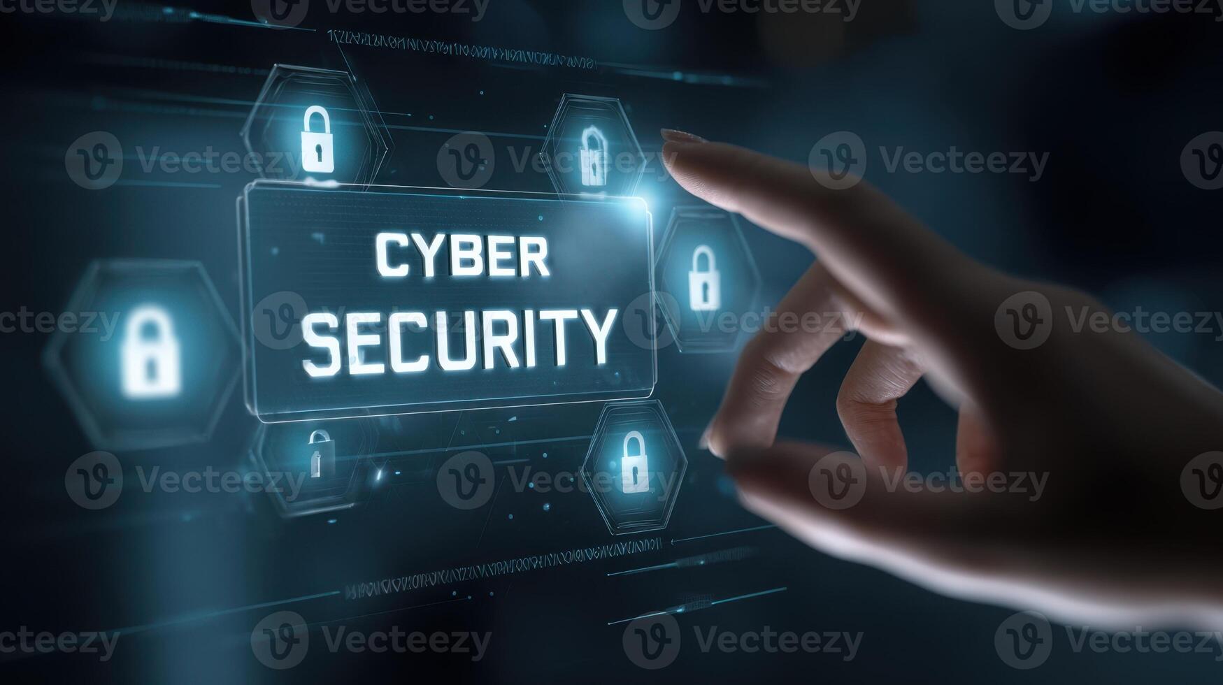 The hand interacting with a Cyber Security digital interface and protection concept. photo
