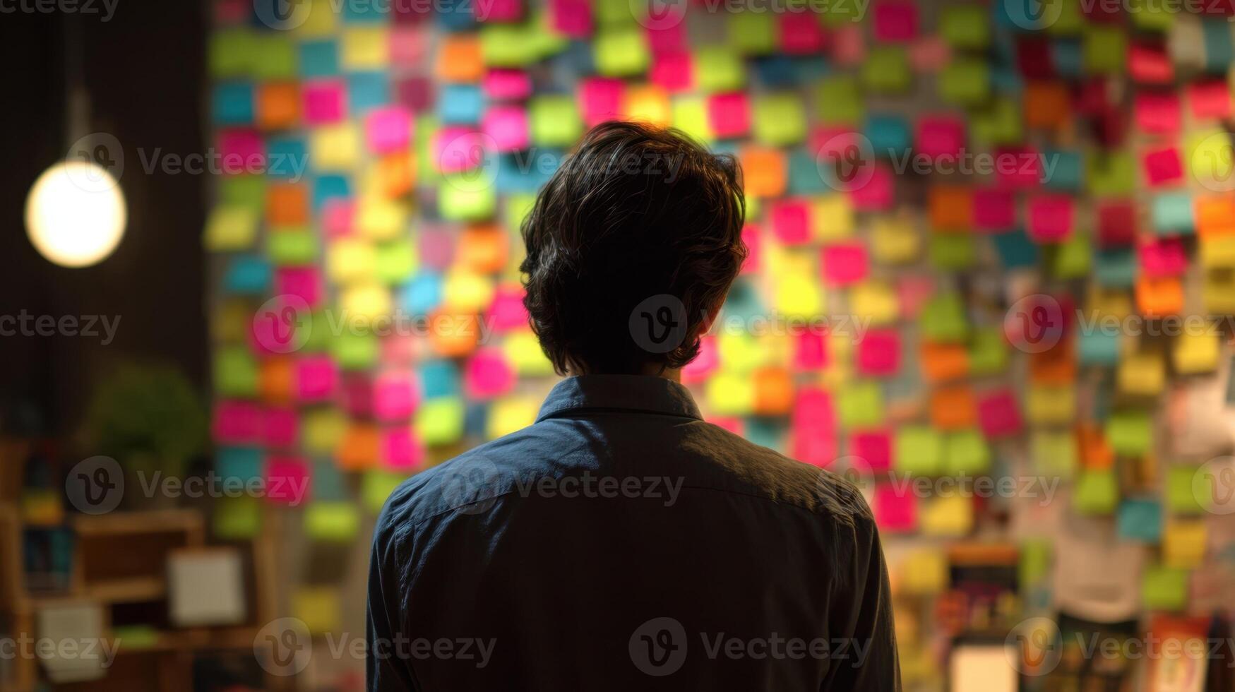 The individual contemplating an array of vibrant sticky notes in a creative workspace. photo