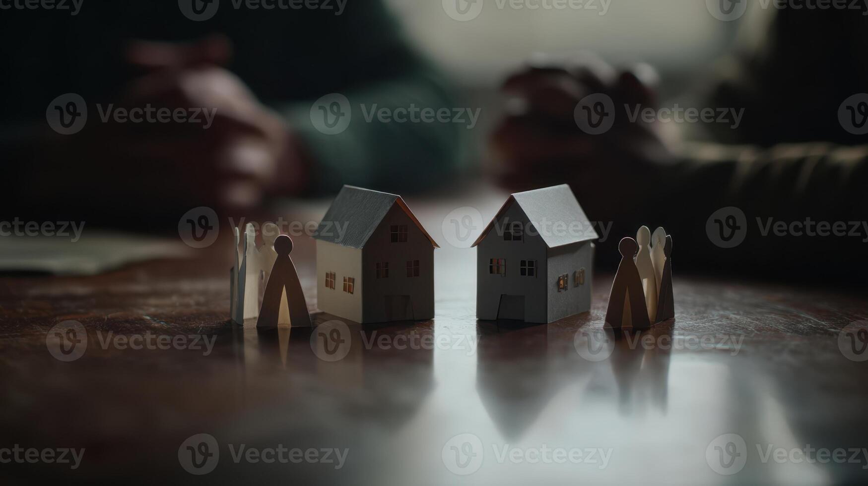The miniature houses representing family dynamics and real estate discussions. photo