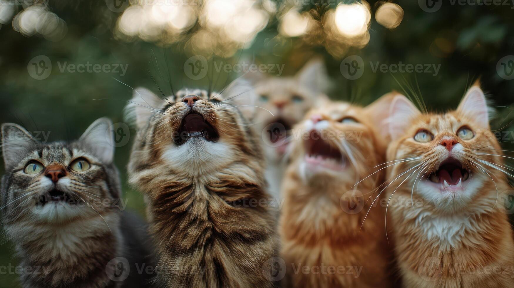 The joyful group of cats looking up with curious expressions in nature. photo