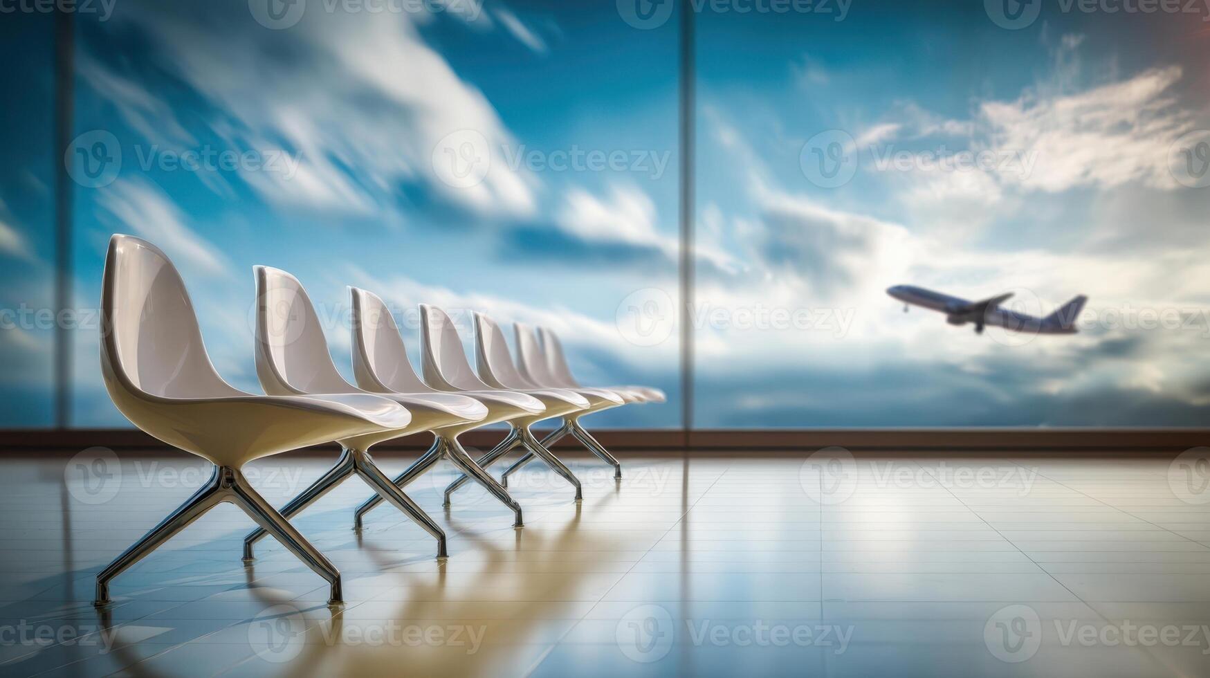 The Modern Airport Lounge with Sleek Chairs and Flying Airplane Background photo