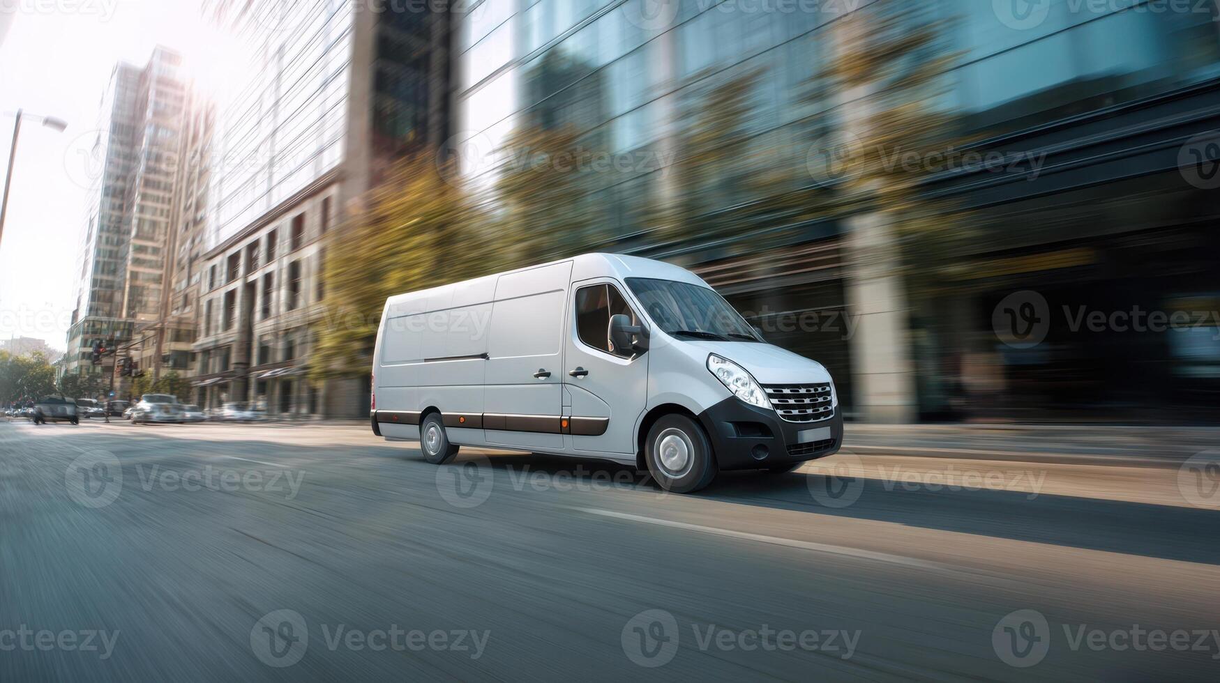 The silver delivery van speeding through a bustling city street. photo