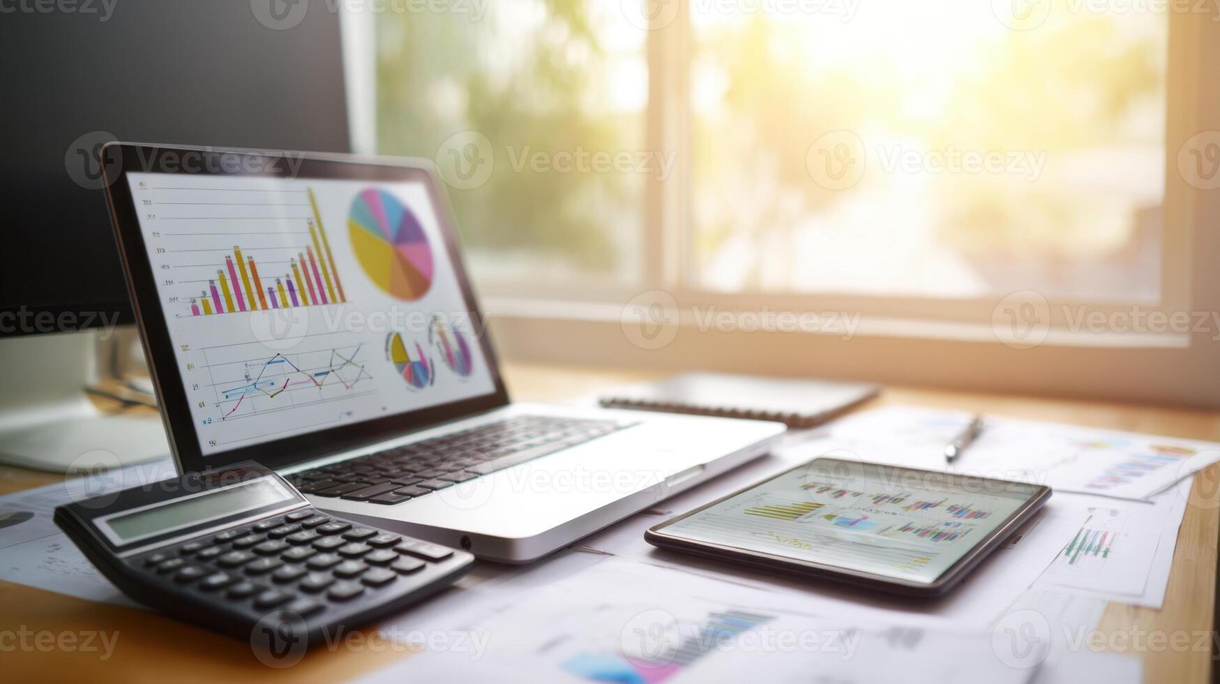 The laptop displaying analytics on a stylish modern workspace with sunlight. photo