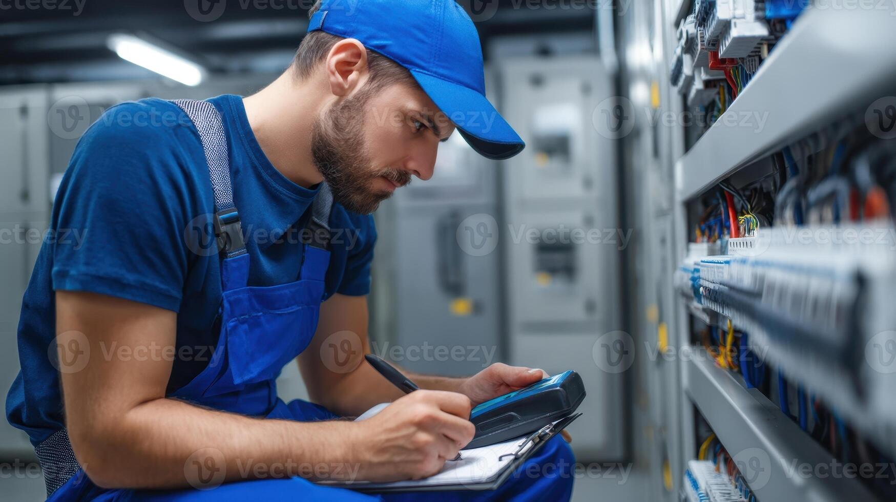 The technician performs electrical maintenance tasks in a modern facility. photo