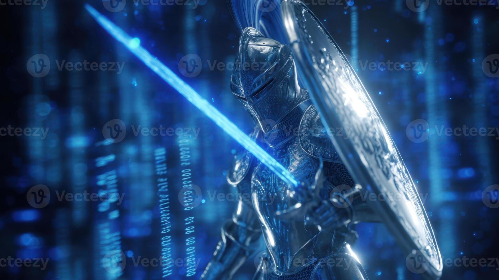 The Glowing Knight Wields a Futuristic Sword Amidst Digital Realms photo