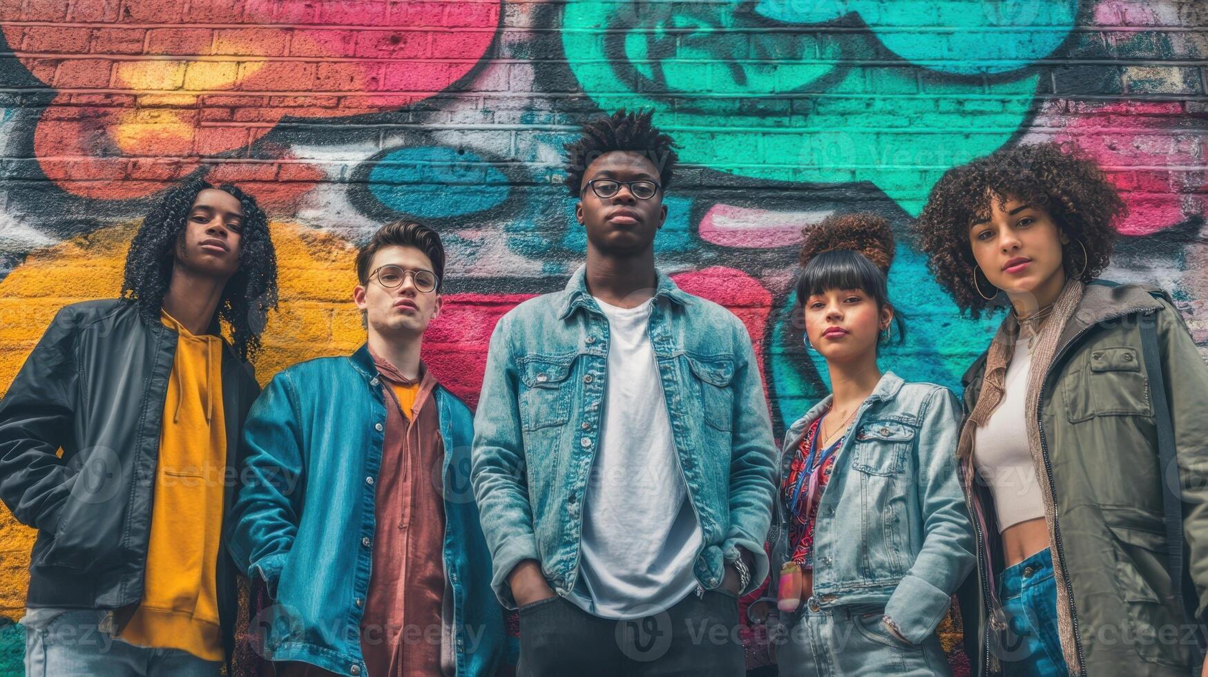 The vibrant group of friends poses confidently against a colorful graffiti wall. photo