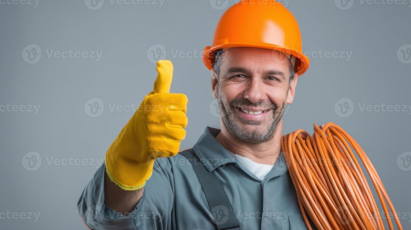 The confident electrician giving a thumbs-up while holding equipment. photo