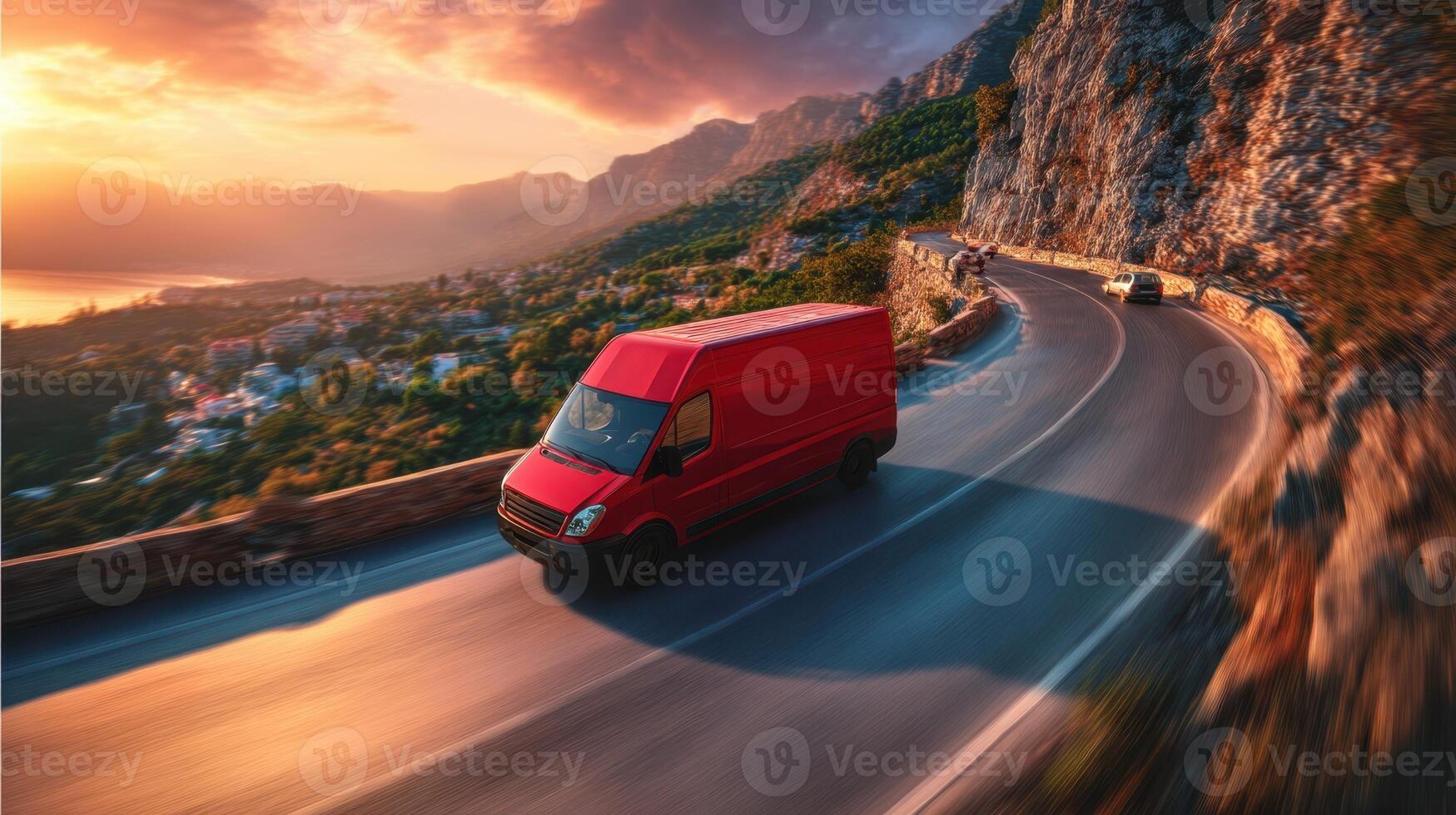 The red van navigating a winding road during a dramatic sunset. photo