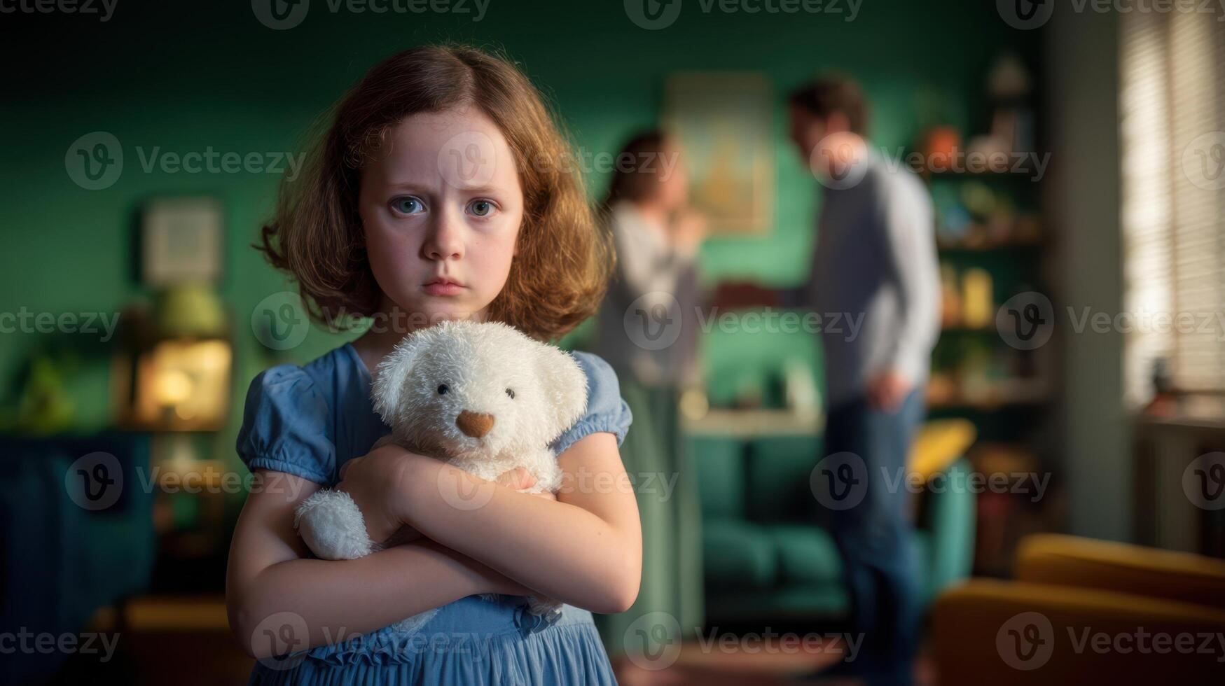The sorrowful girl holding a teddy bear amid family conflict. photo