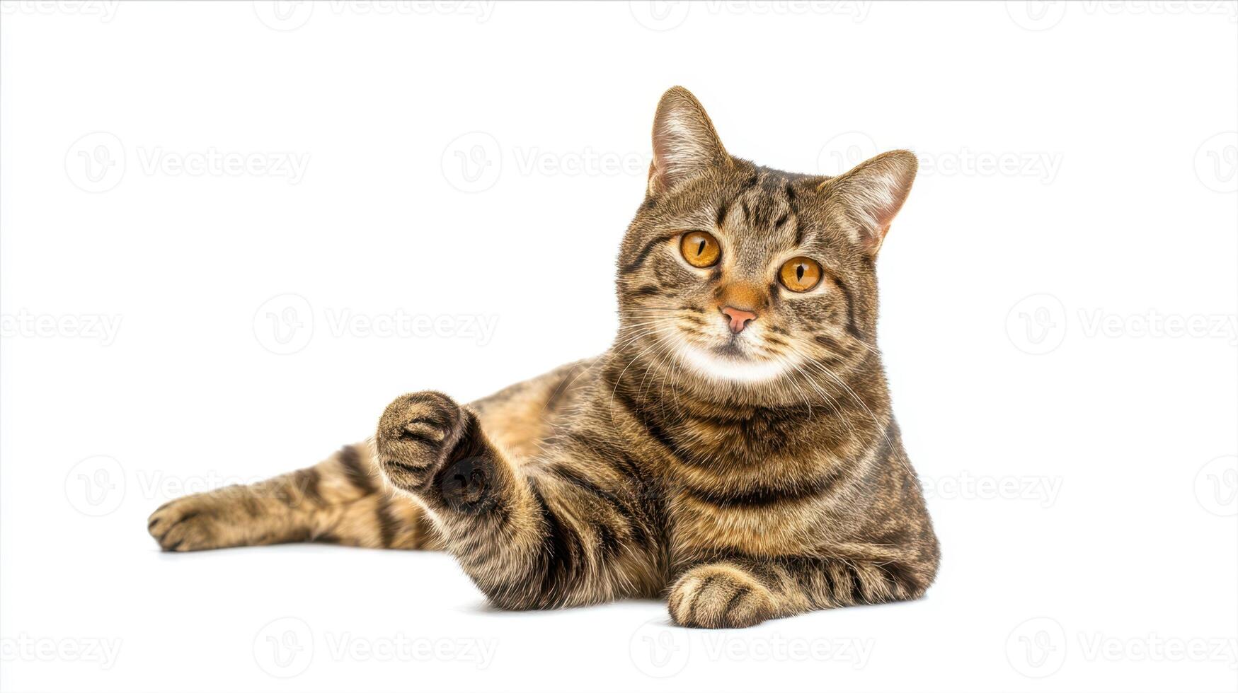 The adorable tabby cat posing with a playful expression on a white background. photo