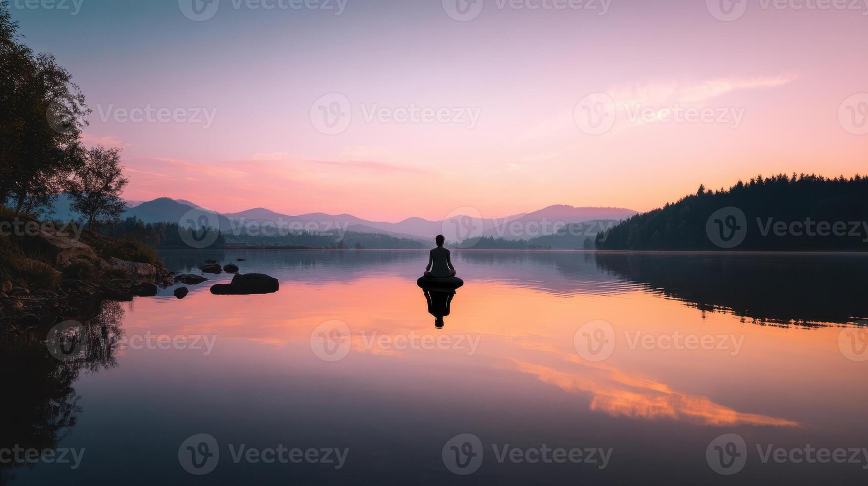 The serene figure meditating on a tranquil lake at sunset. photo