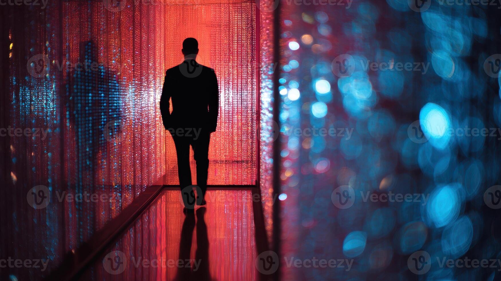 The silhouette of a man in a colorful illuminated corridor at night. photo