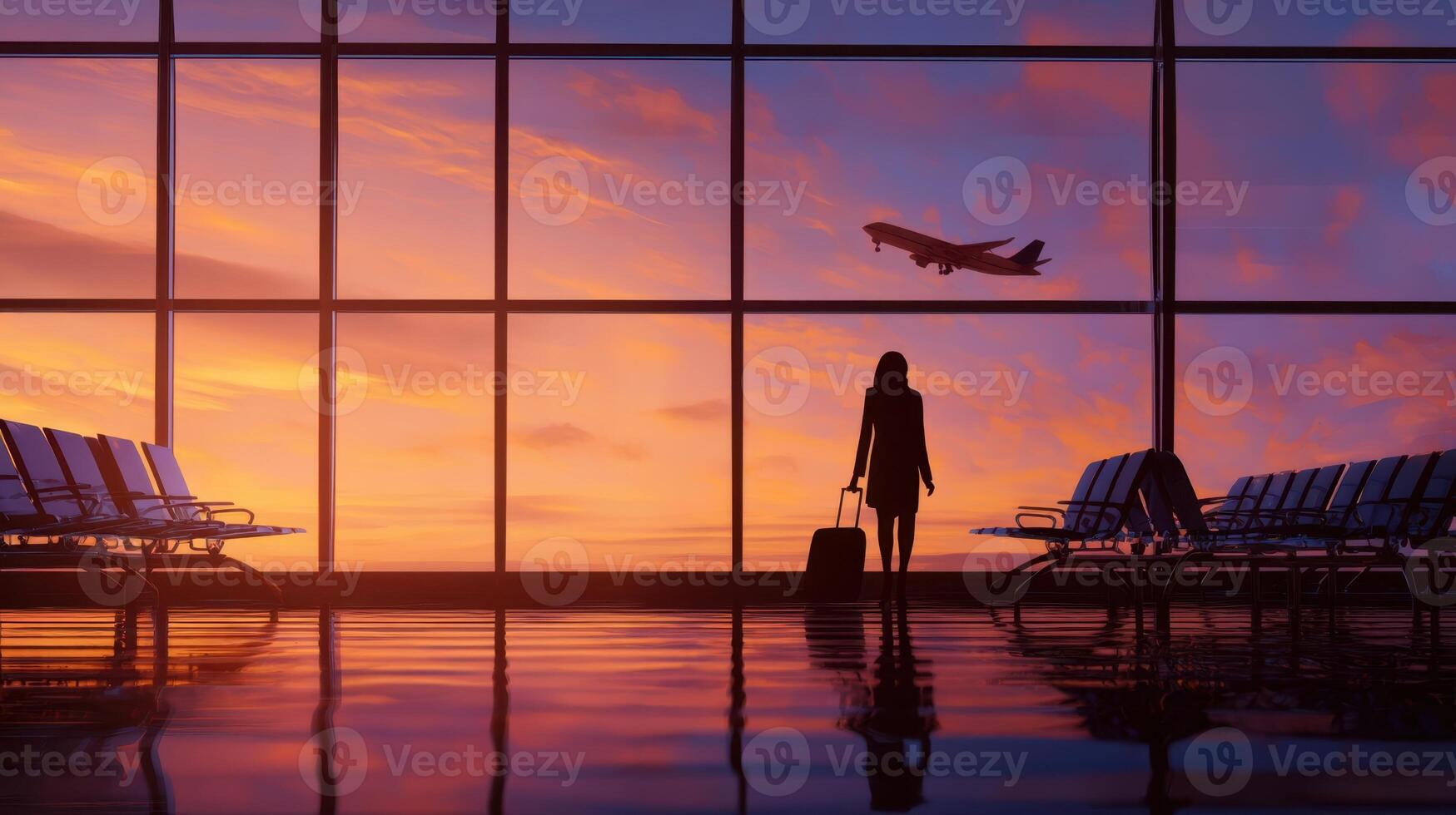 The silhouette of a traveler in an airport during a vibrant sunset. photo