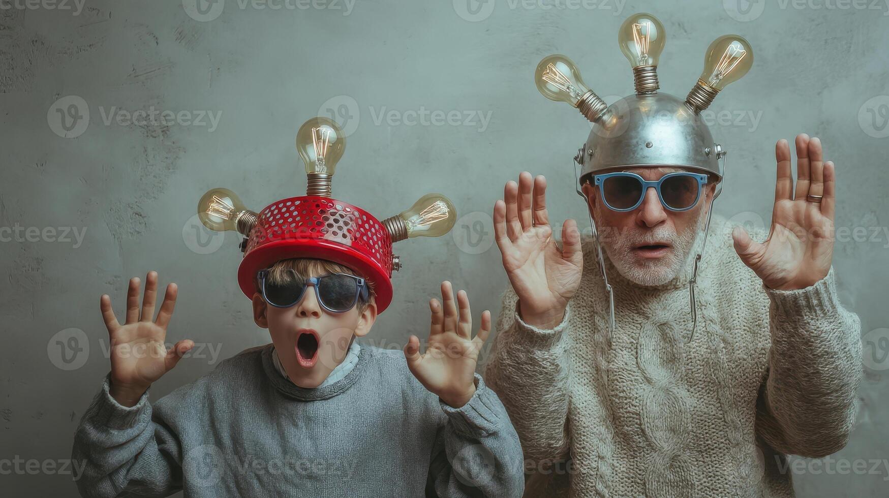 The playful duo with quirky lightbulb hats expressing surprise and creativity. photo