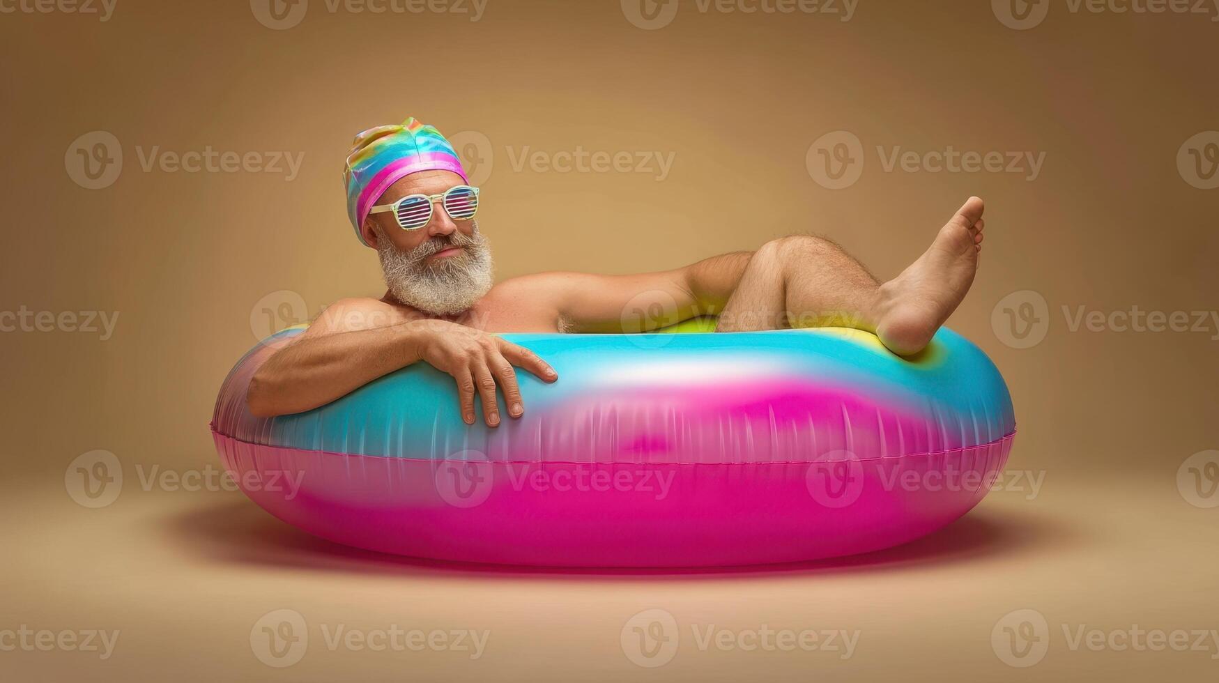 The elderly man lounging in a colorful pool float enjoying a sunny day. photo