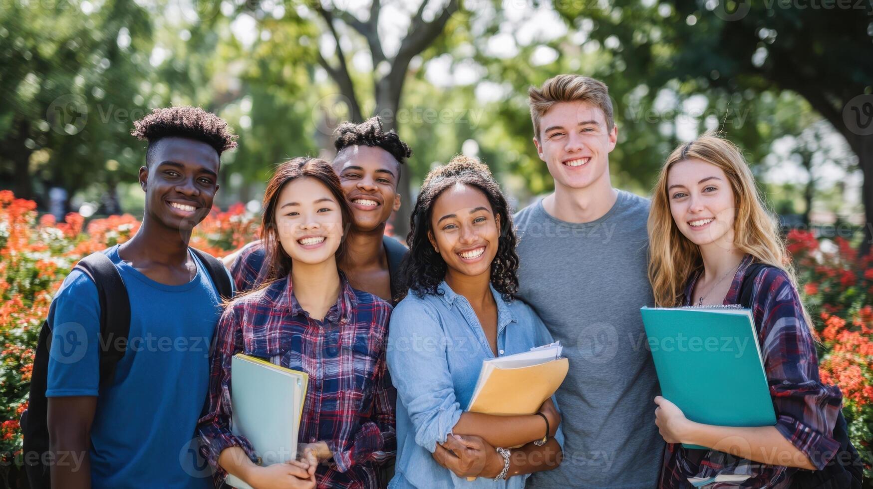 The diverse group of students celebrating friendship in a beautiful garden setting. photo