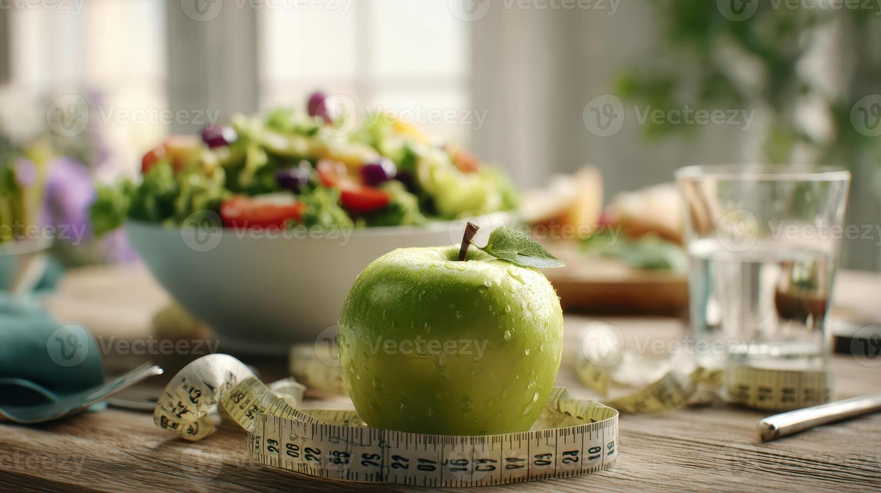 The vibrant green apple surrounded by fresh ingredients for healthy living. photo