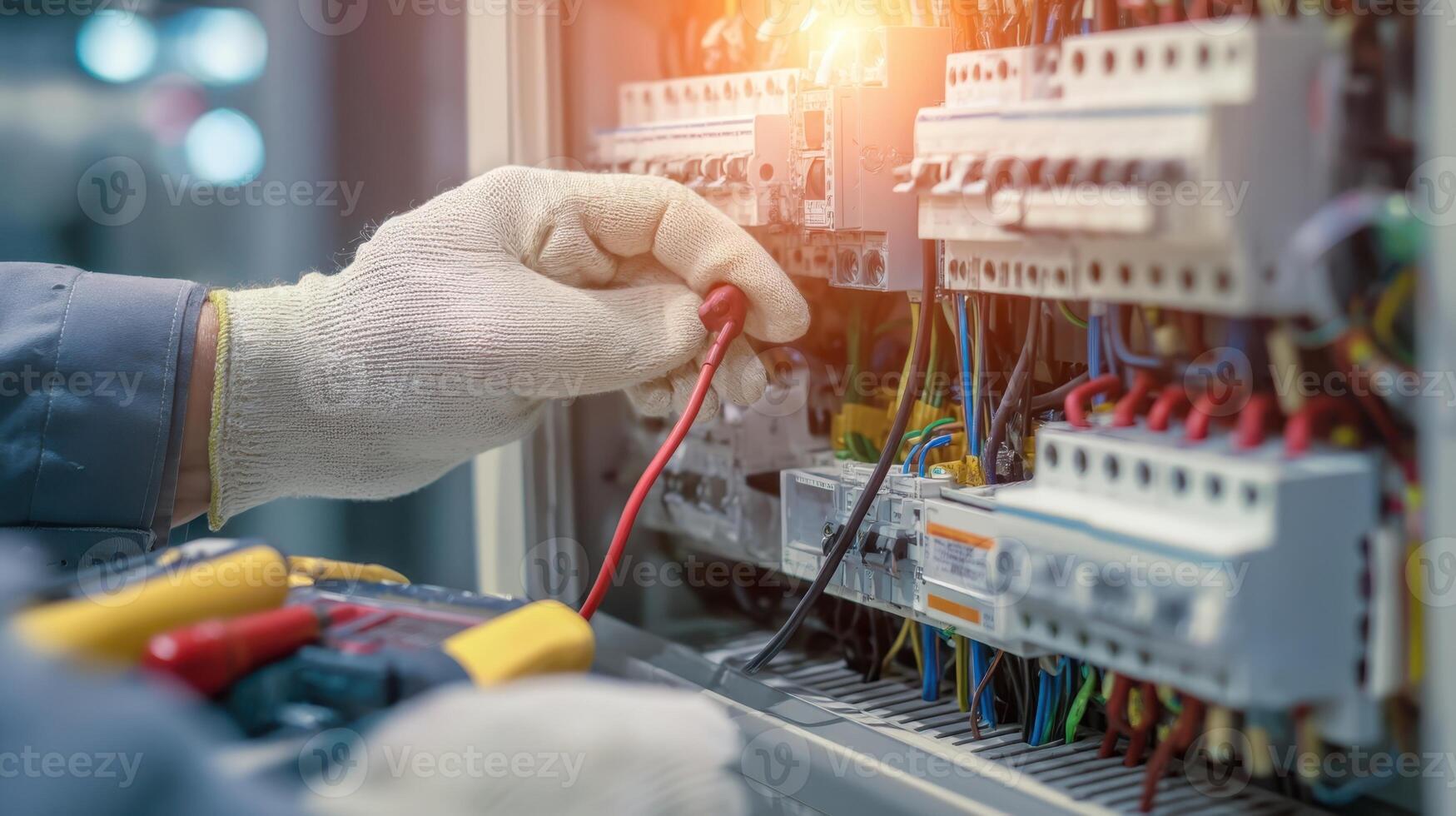 The technician working on electrical components in an industrial setting. photo