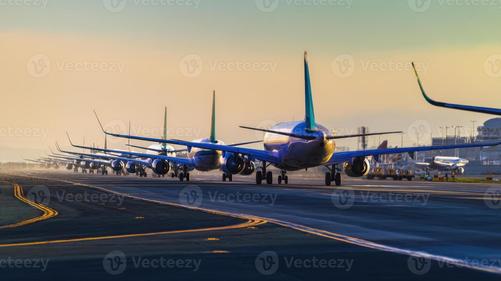 The planes lined up on the runway ready for takeoff at sunset. photo