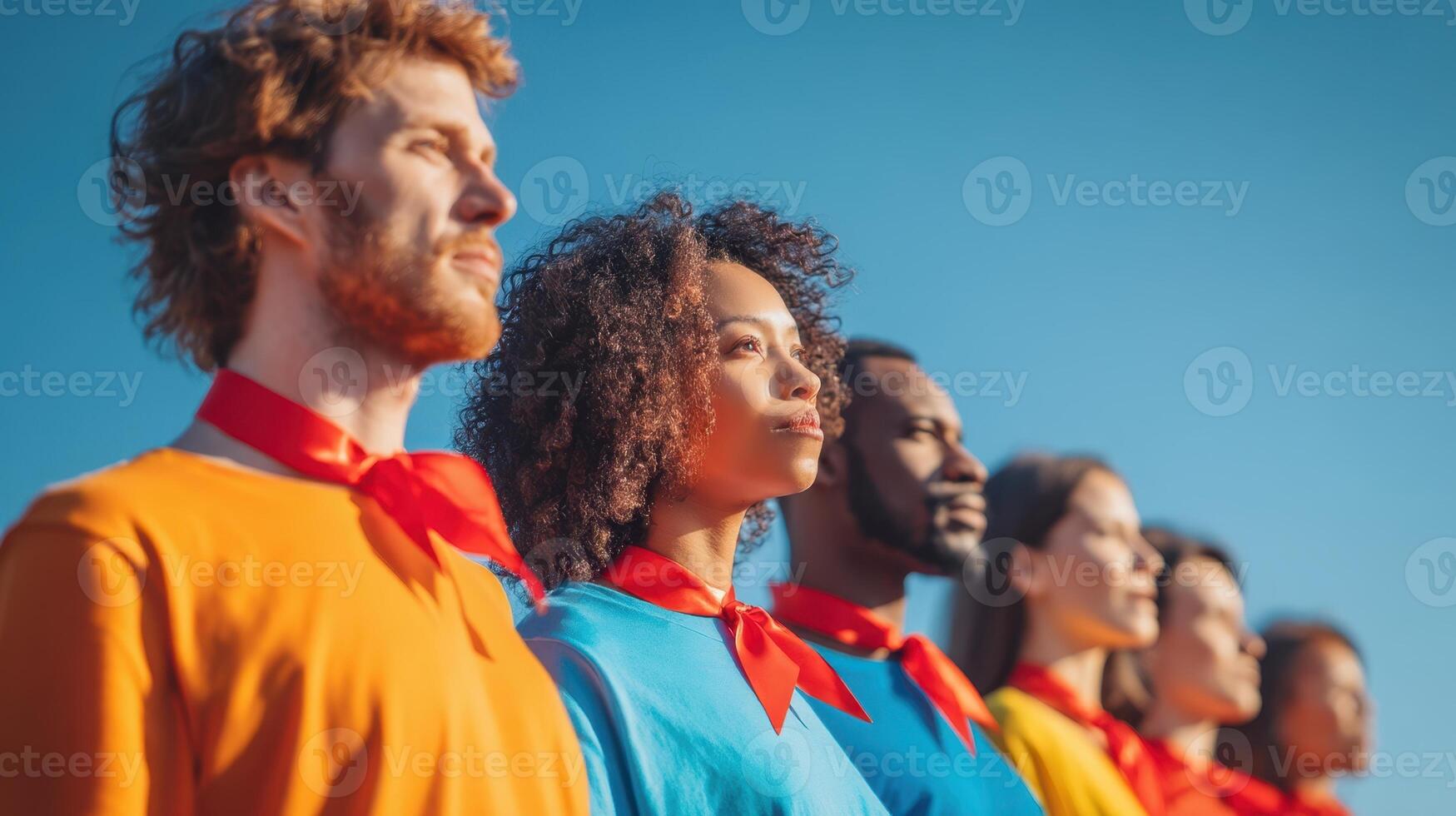 The group of diverse individuals dressed as heroes showcasing unity and strength. photo
