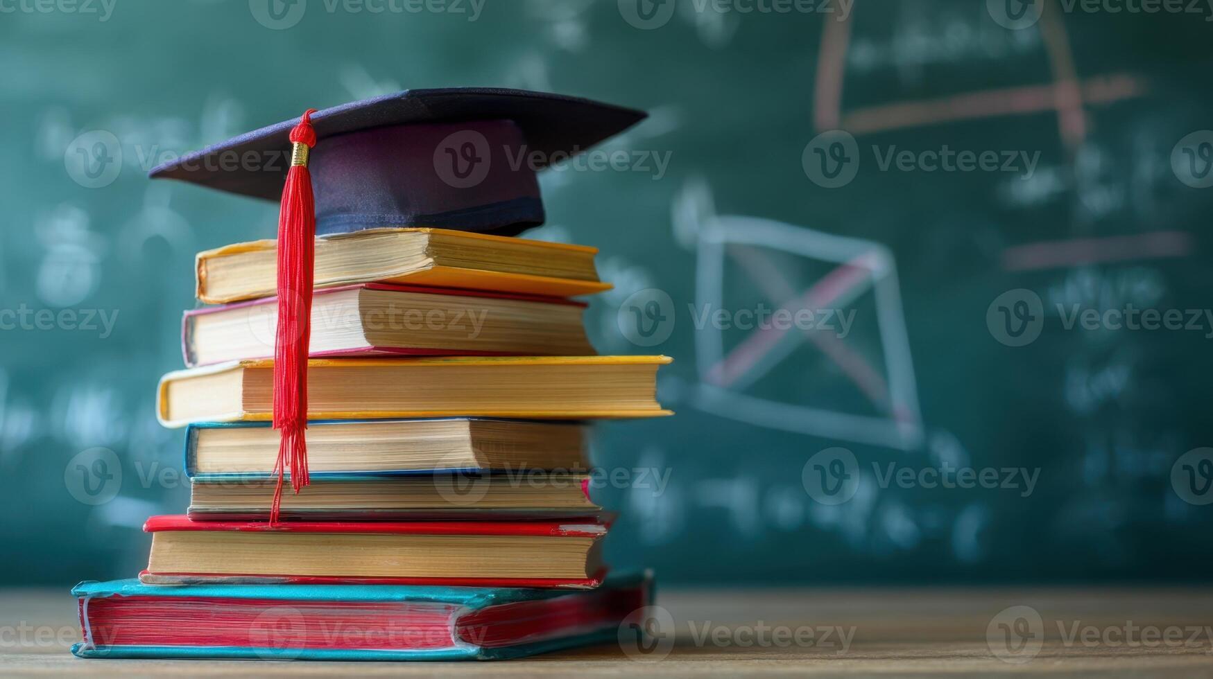 The graduation cap resting on top of a colorful stack of books photo