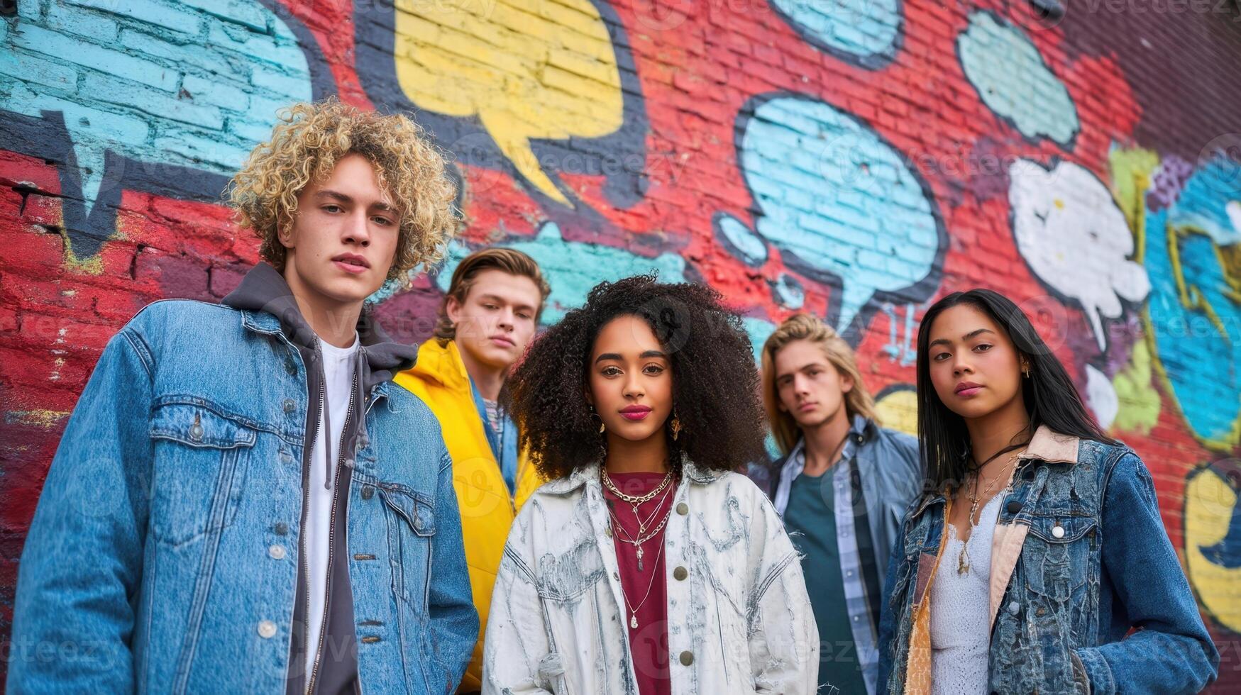 The fashionable group of diverse teenagers posing against a colorful graffiti wall. photo