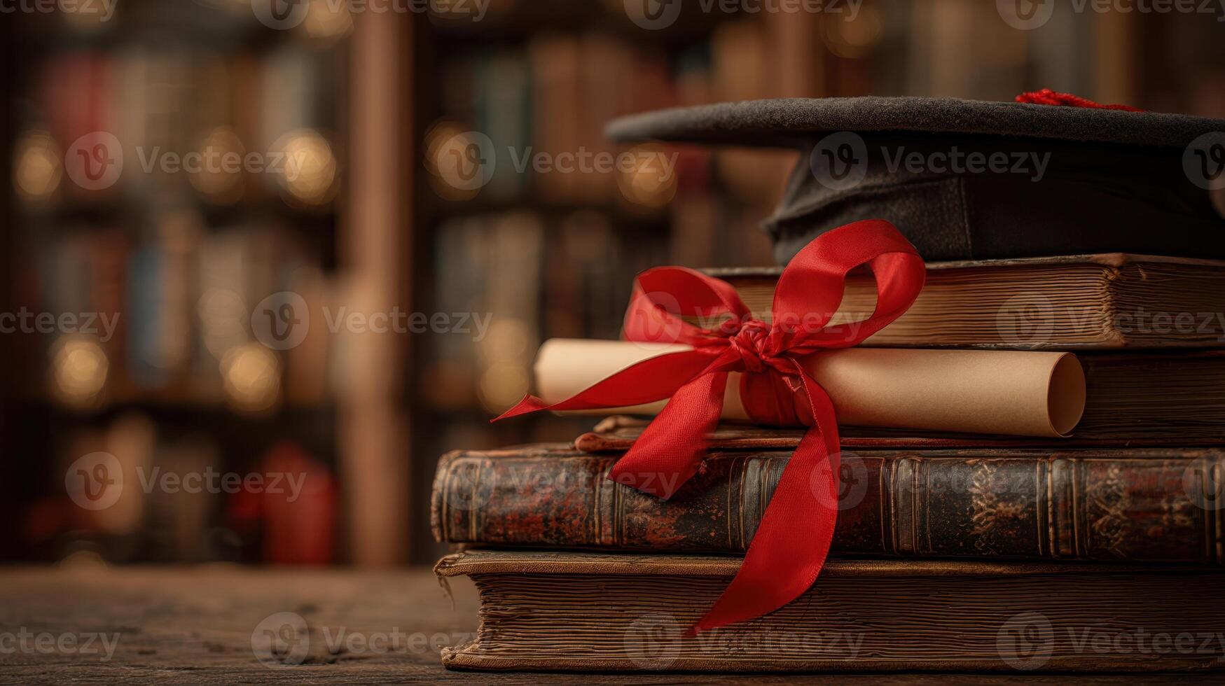 The graduation cap and diploma on a stack of antique books in a library. photo