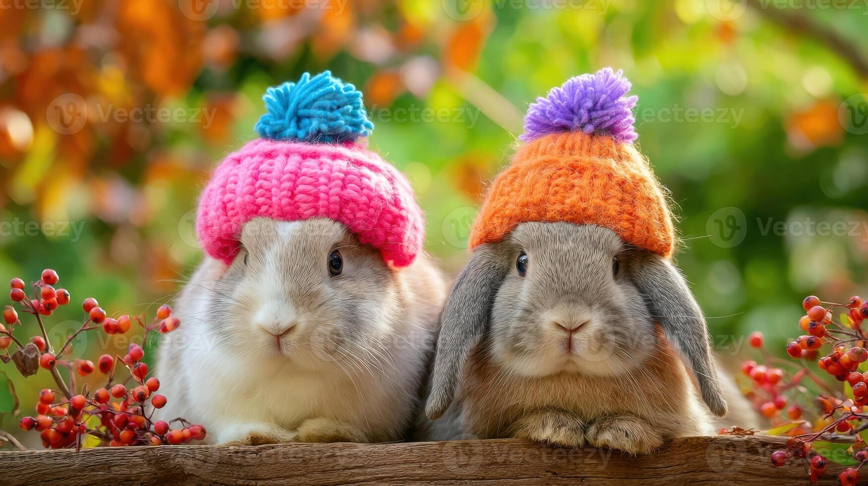 The adorable rabbits wearing colorful hats in a vibrant autumn setting. photo