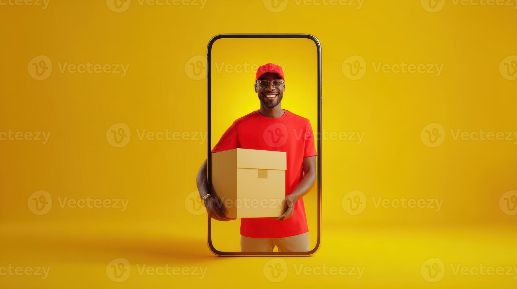 The deliveryman holding a box while emerging from a smartphone screen photo
