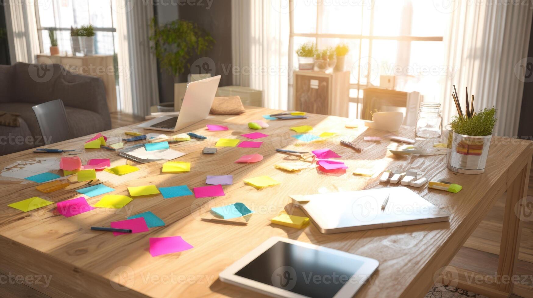 The vibrant workspace filled with colorful sticky notes and modern technology. photo