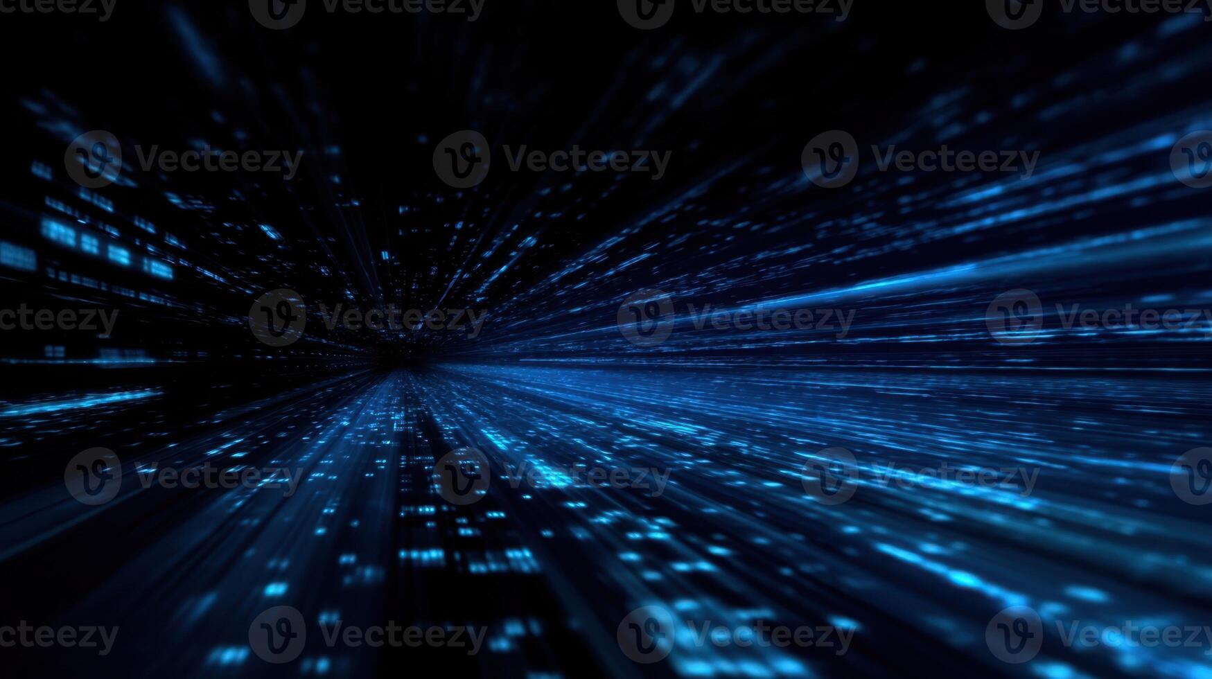 The fast-moving blue light streams in a digital cosmos environment. photo
