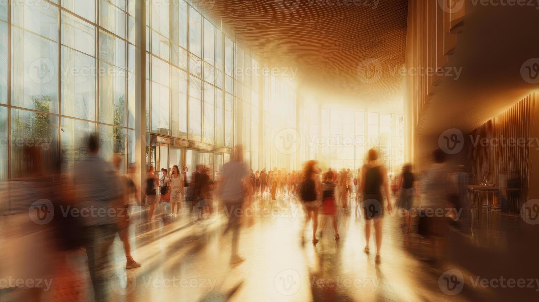 The dynamic atmosphere of a bustling urban hall filled with sunlight and movement. photo