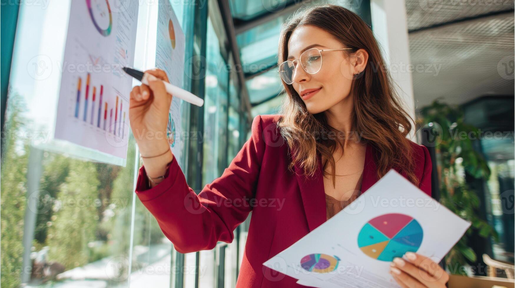 The professional woman analyzing data and creating presentations in a bright office environment. photo