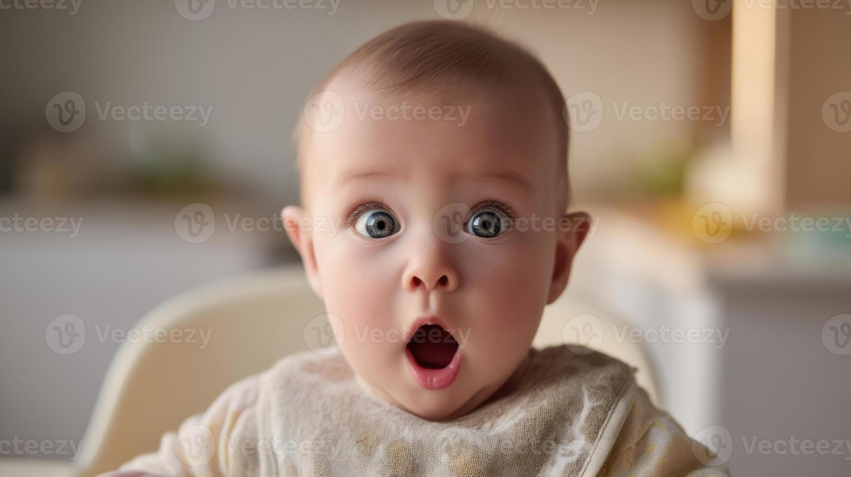 The surprised baby with wide eyes and an open mouth expressing joy. photo