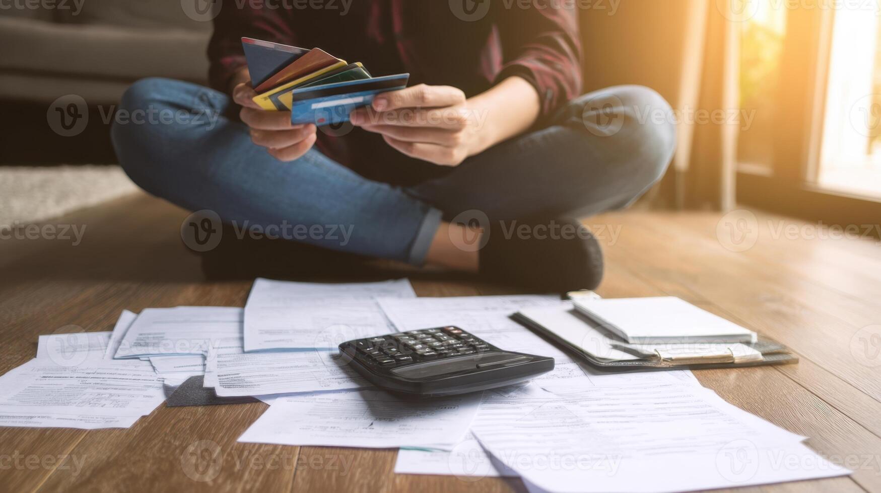 The person organizing financial documents while handling multiple credit cards. photo