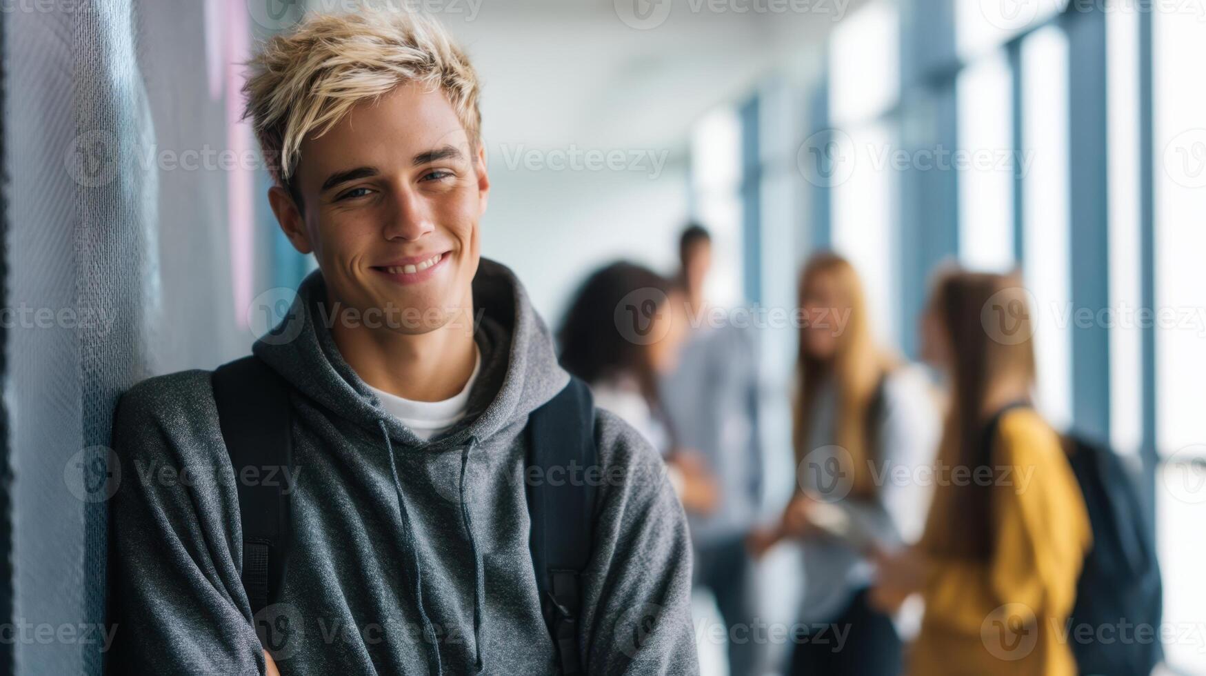 The young man smiling confidently while leaning against the wall in a school hallway. photo