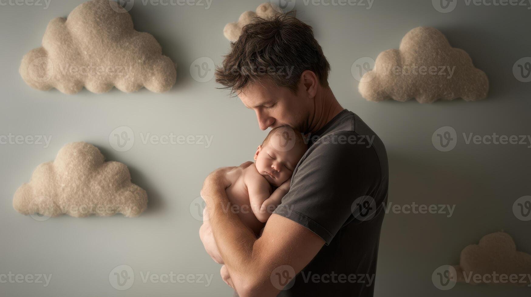 The tender moment between a father and his sleeping baby in a cozy setting. photo