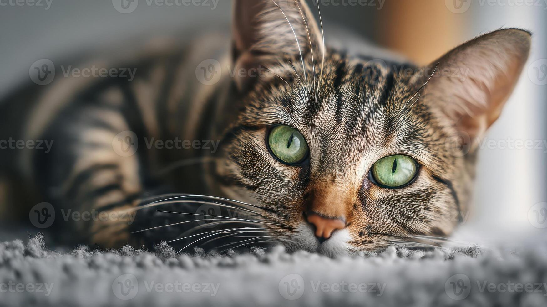 The adorable tabby cat relaxing on a cozy surface with captivating green eyes. photo