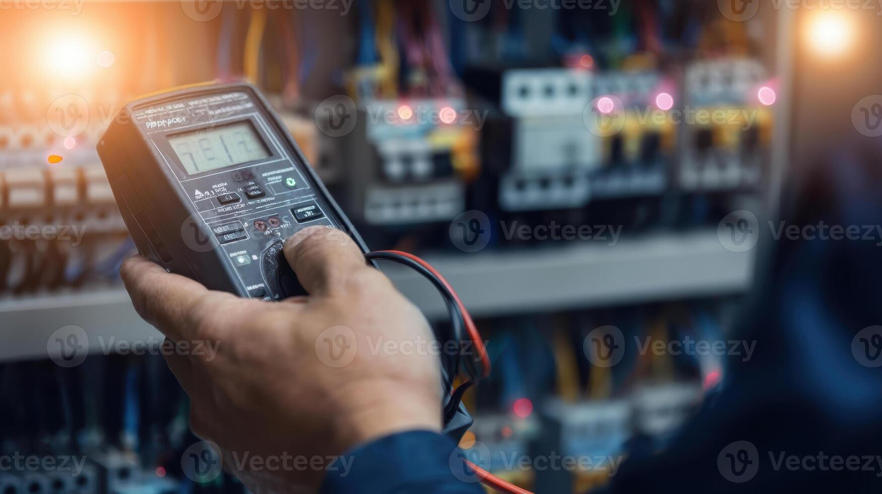 The technician using a multimeter to measure electrical currents in the control panel. photo