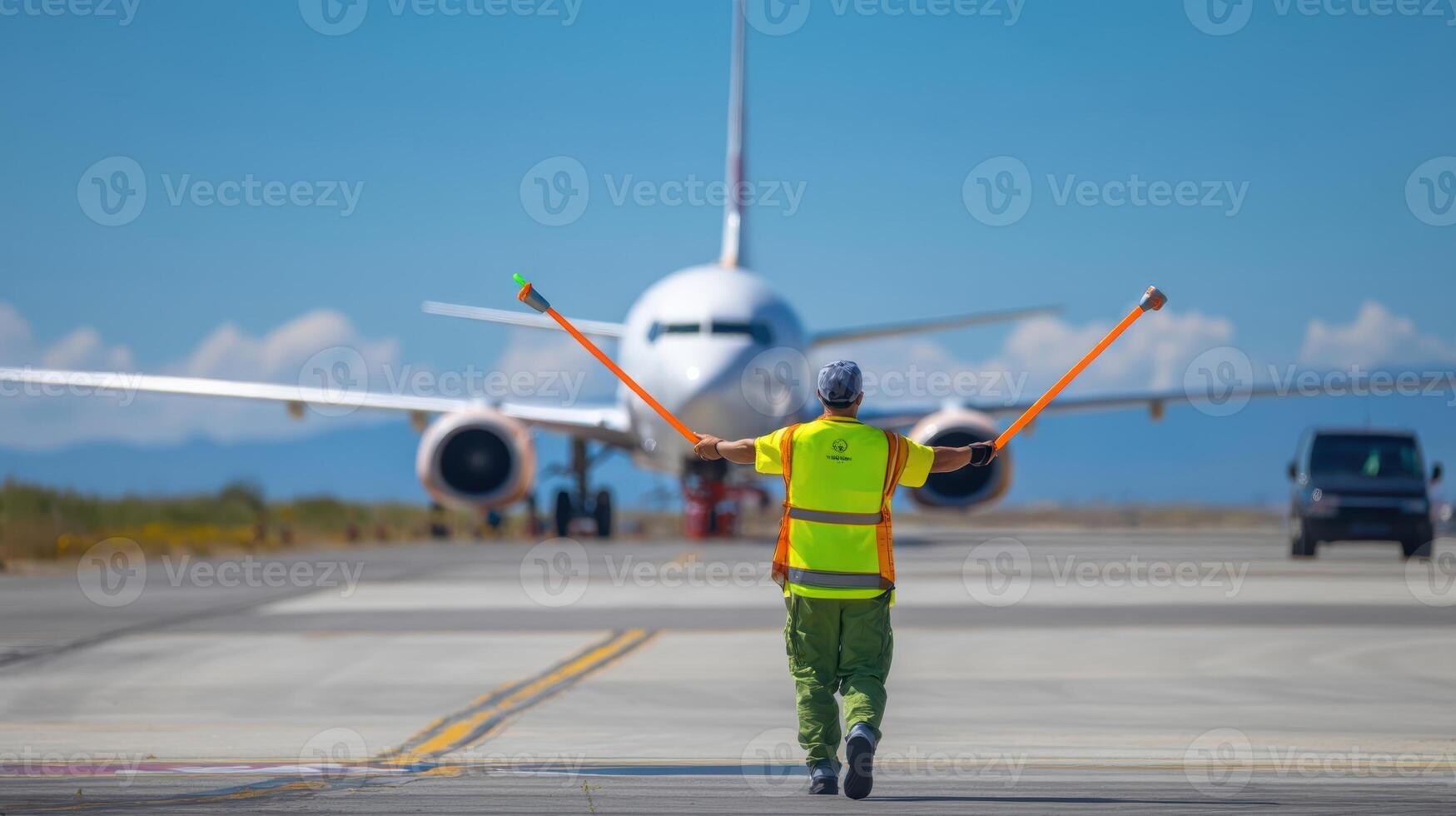 The airport worker guiding an airplane on the runway with signaling wands. photo