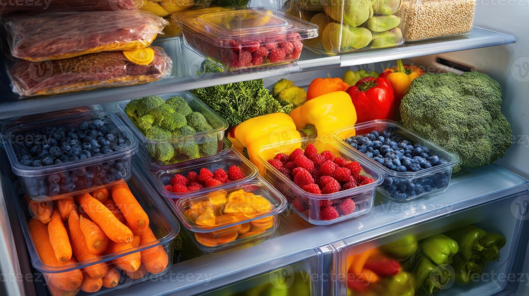 The colorful assortment of fresh fruits and vegetables in a refrigerator. photo