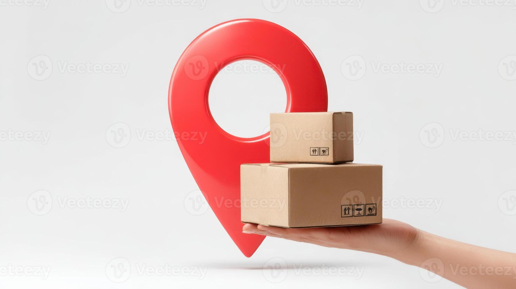 The hand holding cardboard boxes near a large location pin symbol. photo