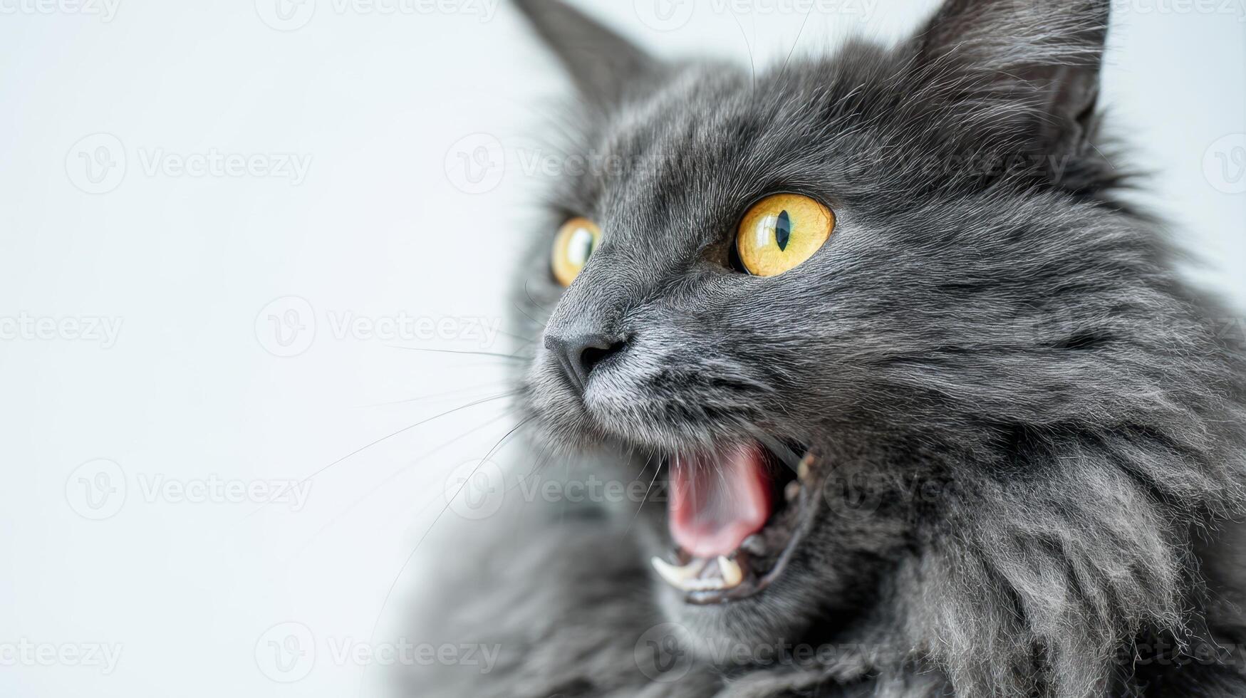 The expressive gray cat showcasing its vibrant personality in a portrait. photo