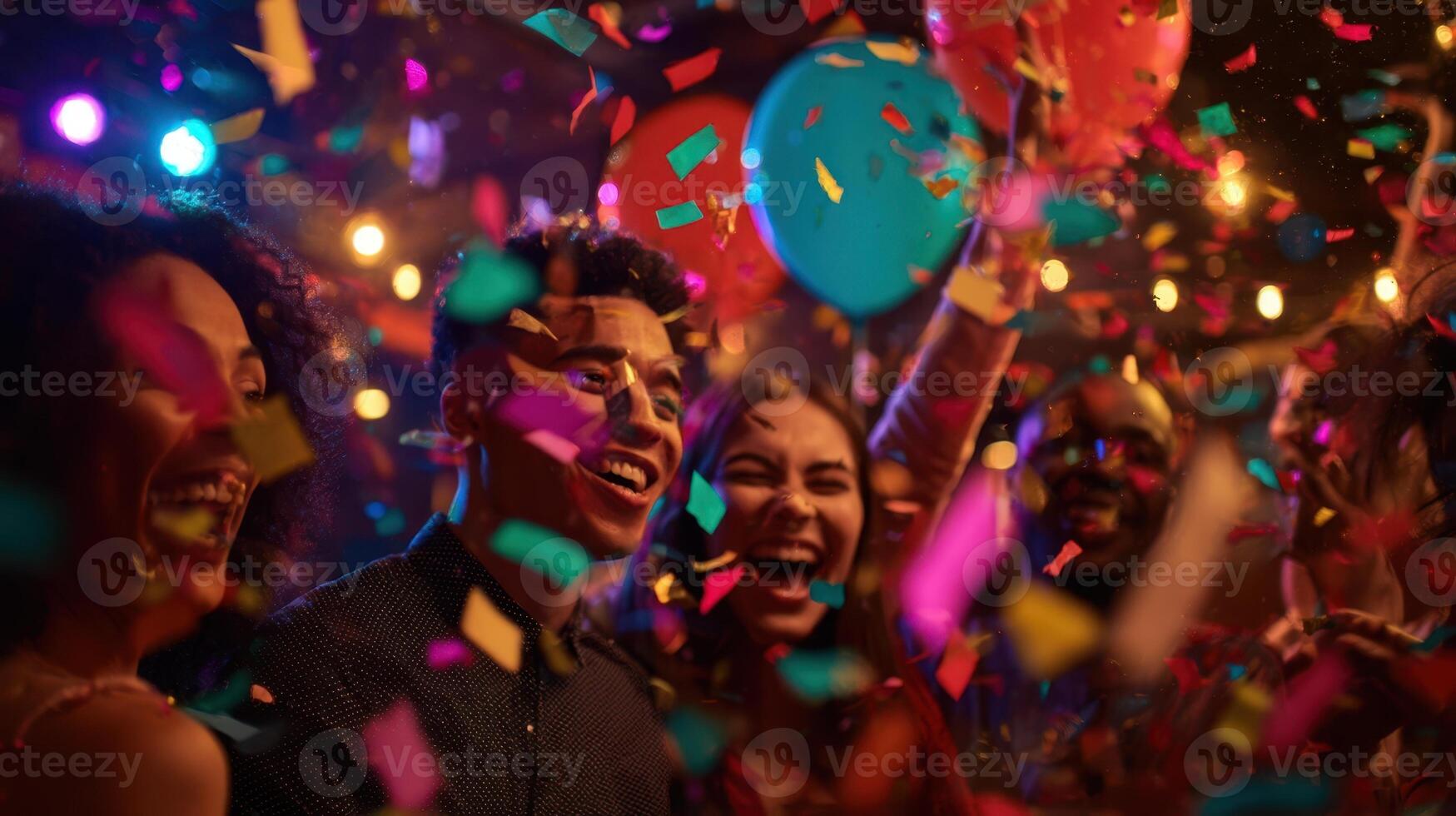 The joyful celebration filled with laughter and colorful confetti at a vibrant party. photo