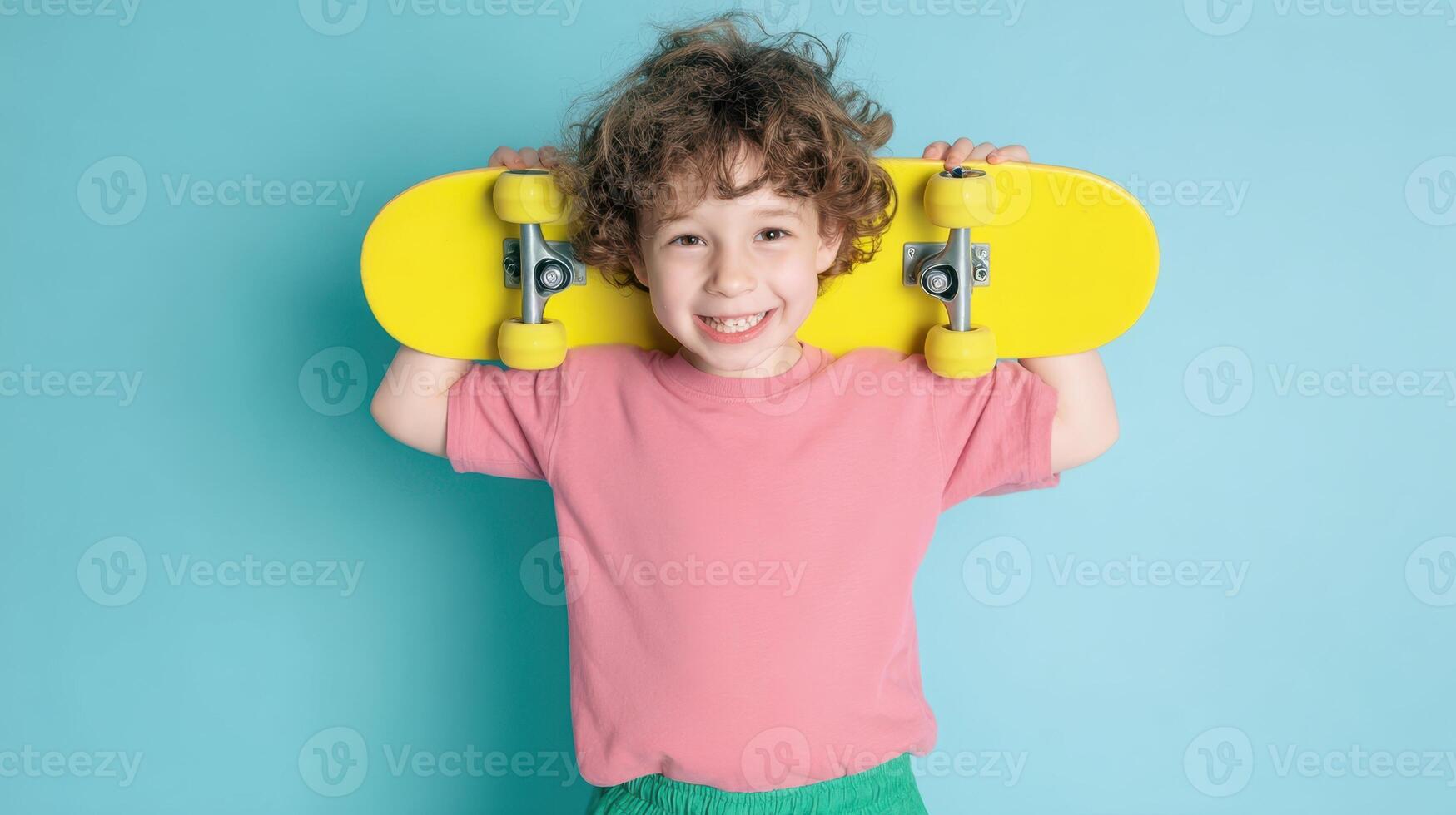The cheerful boy with a bright yellow skateboard against a colorful background. photo