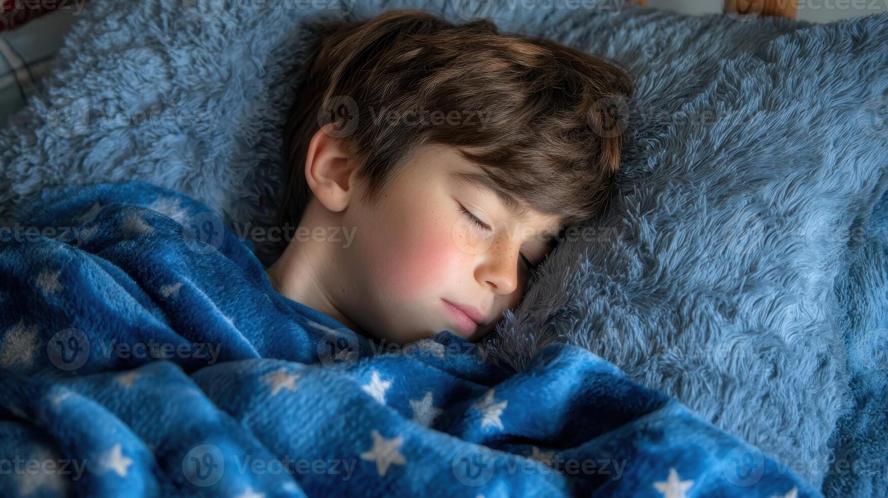 The peaceful boy sleeping soundly under a cozy starry blanket. photo