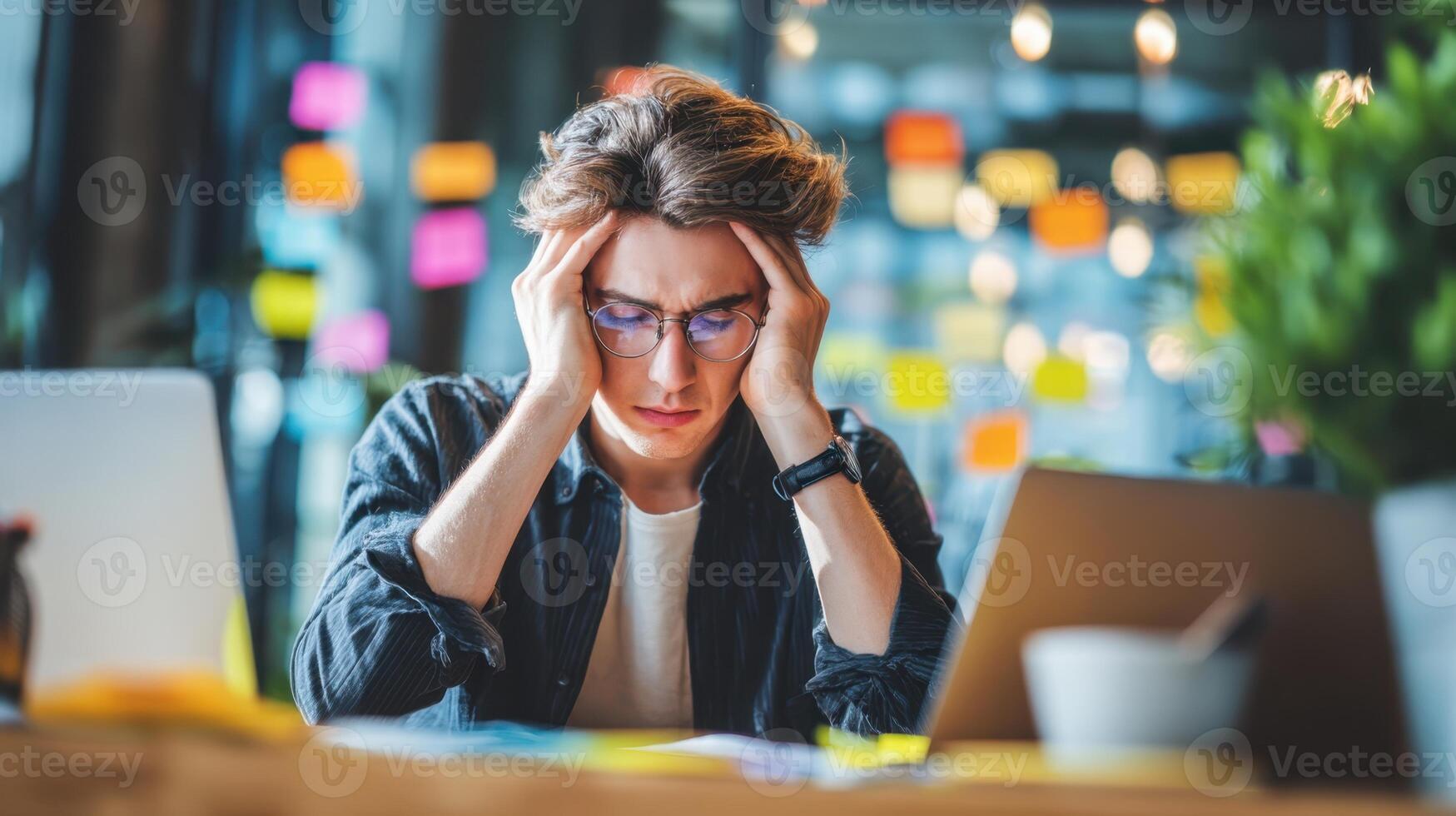 The young man struggles with stress and frustration in a modern workspace. photo