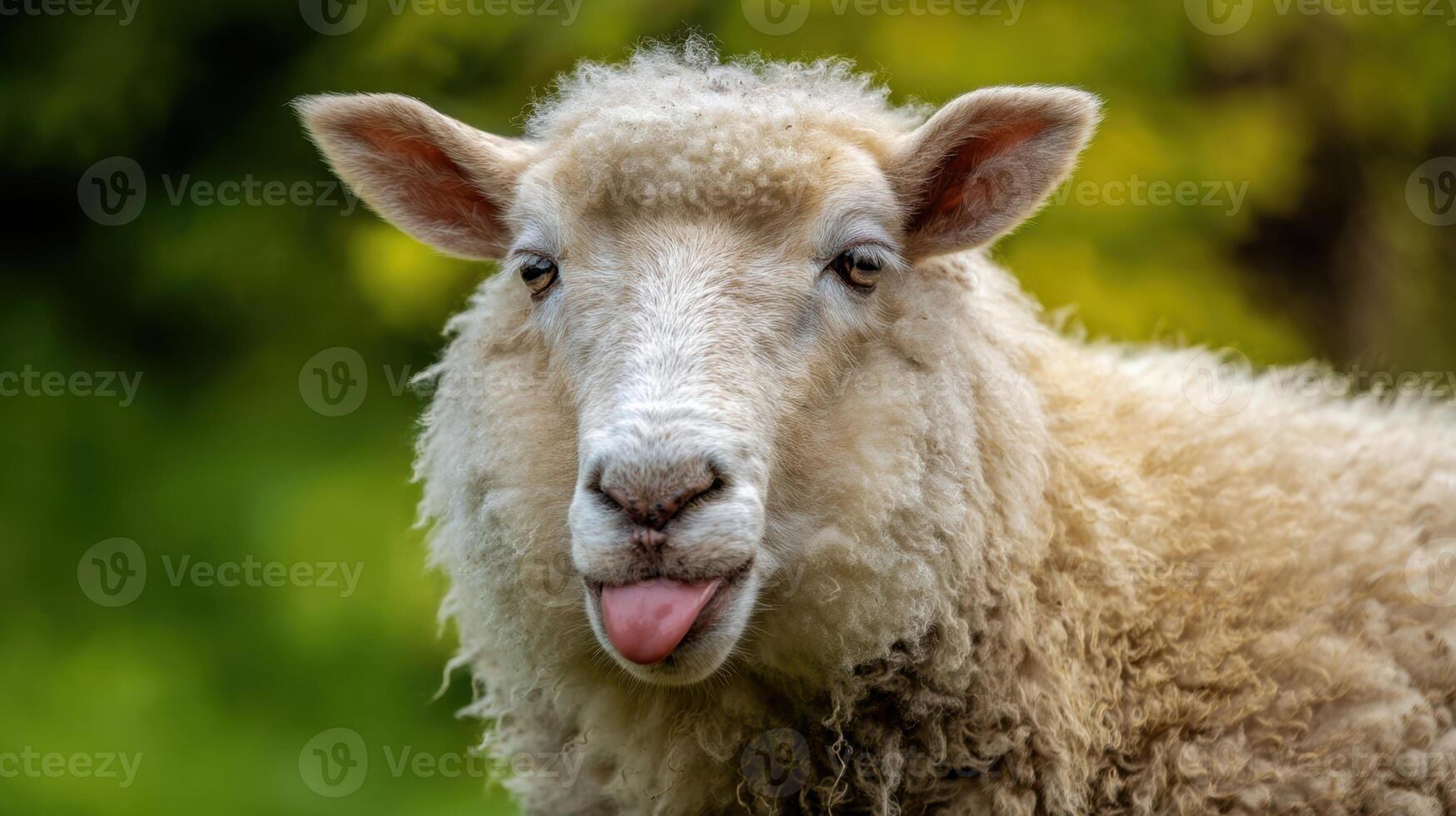 The charming sheep sticking its tongue out in a vibrant green setting. photo