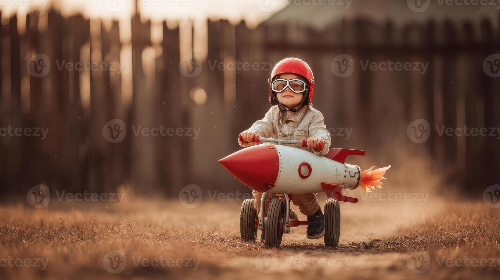 The adventurous child riding a toy rocket in a sunlit outdoor setting. photo